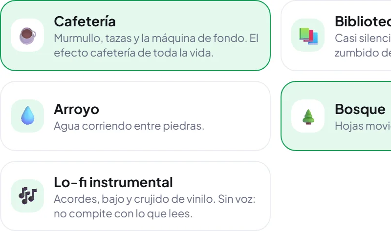 El catálogo de sonidos de Oqira —cafetería, biblioteca, lluvia, bosque— con dos de ellos encendidos para la sesión de estudio.