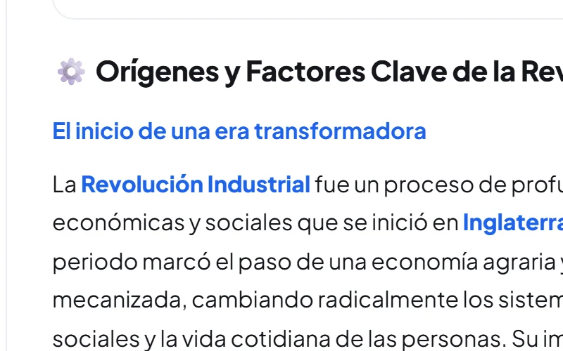 Un resumen de Oqira con «Revolución Industrial», «Inglaterra» y «finales del siglo XVIII» resaltados, sacados del temario que se subió.